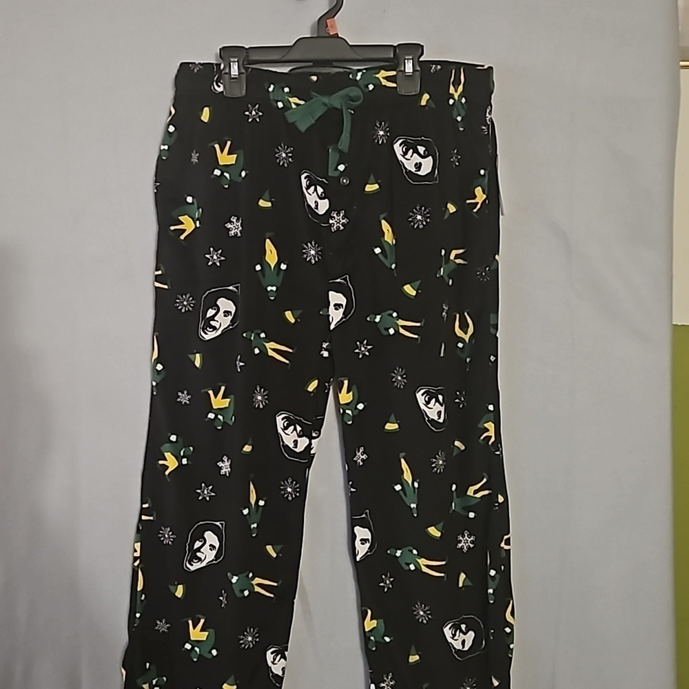 Men's Elf Holiday Christmas Pj's Pant sz L Black with Print design NWT